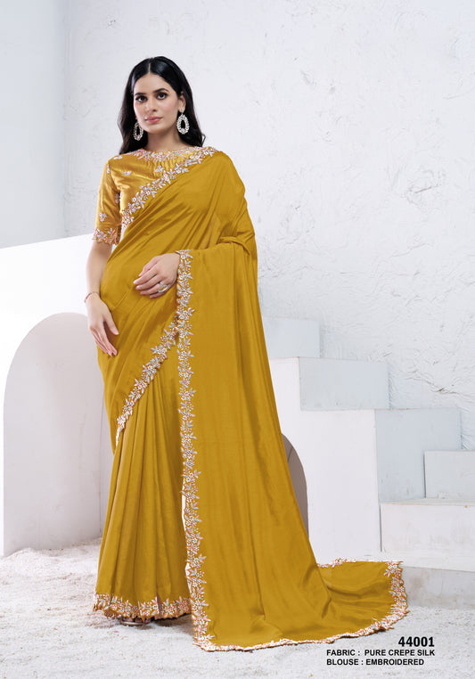 Mustard Pure Crepe Saree