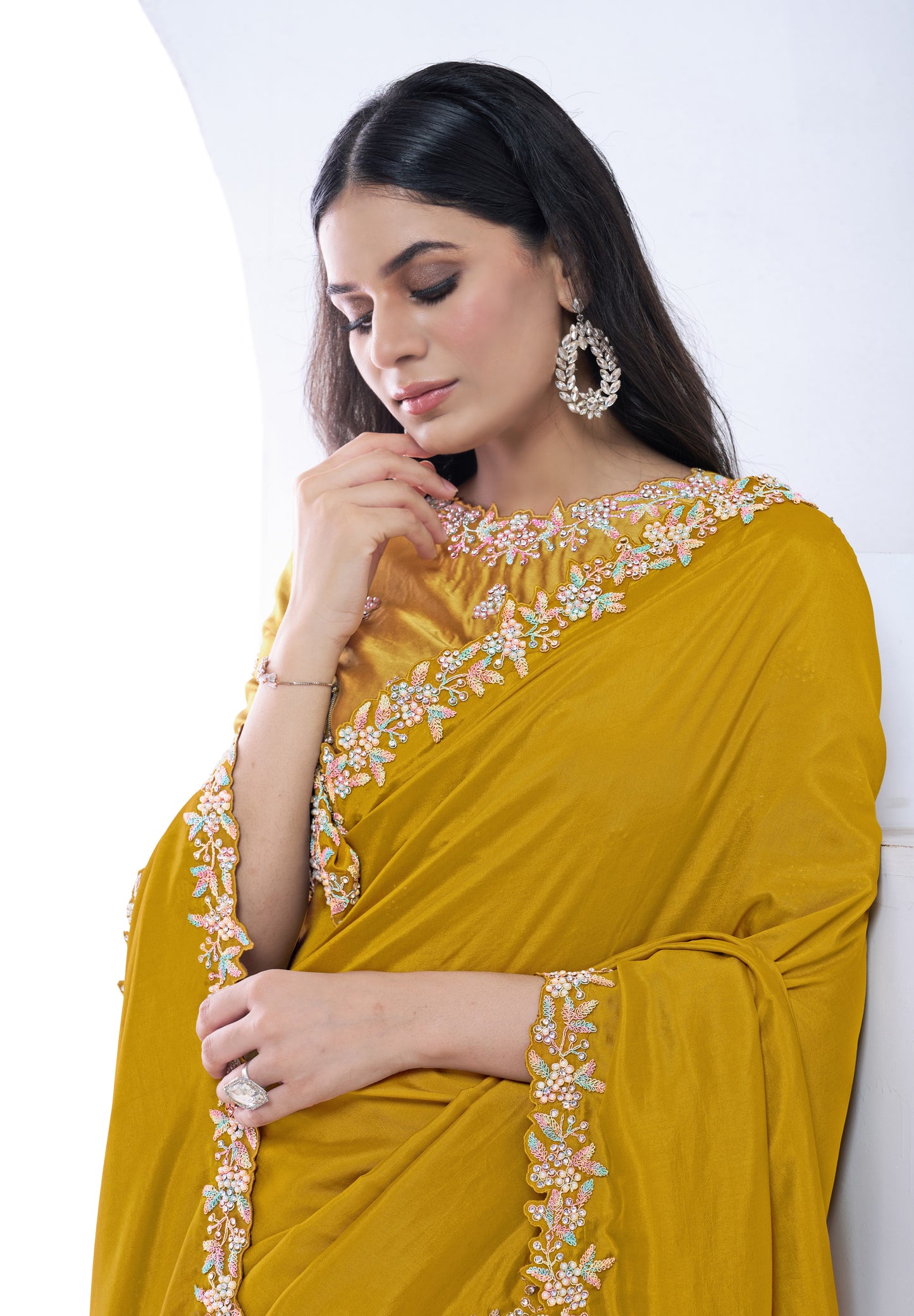 Mustard Pure Crepe Saree