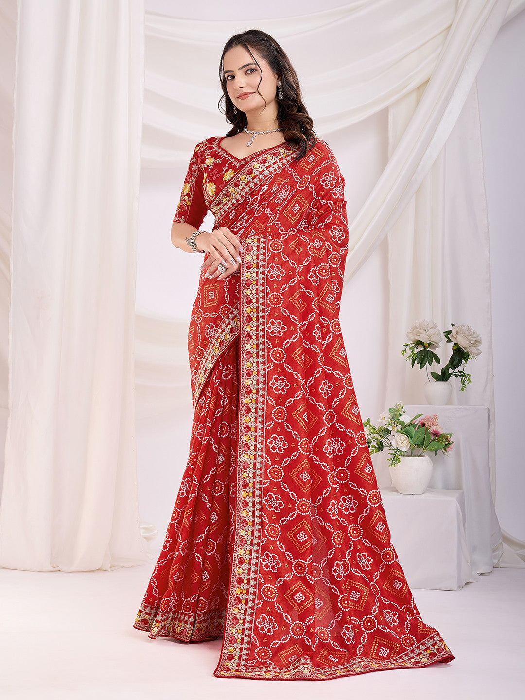 Maroon Bandhani Saree