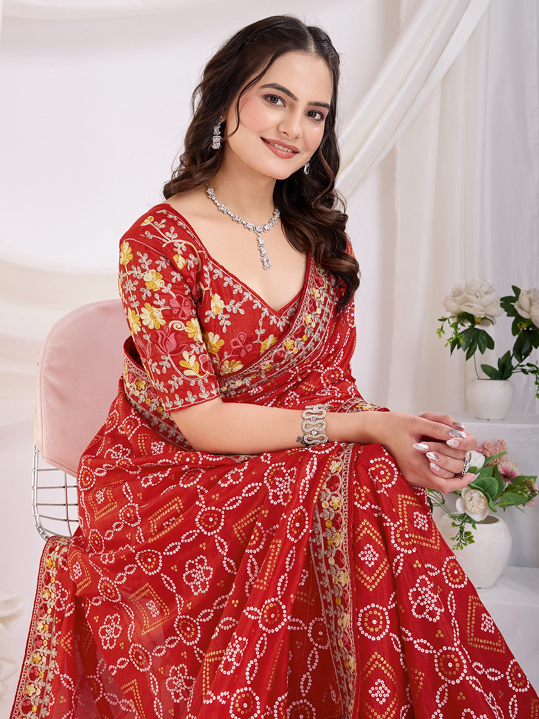 Maroon Bandhani Saree