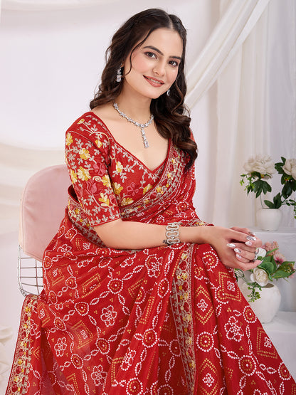 Maroon Bandhani Saree