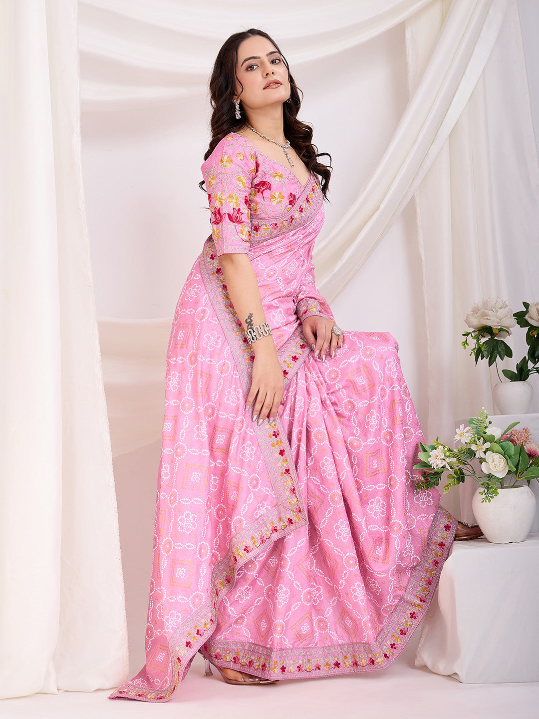 Pink Bandhani Saree