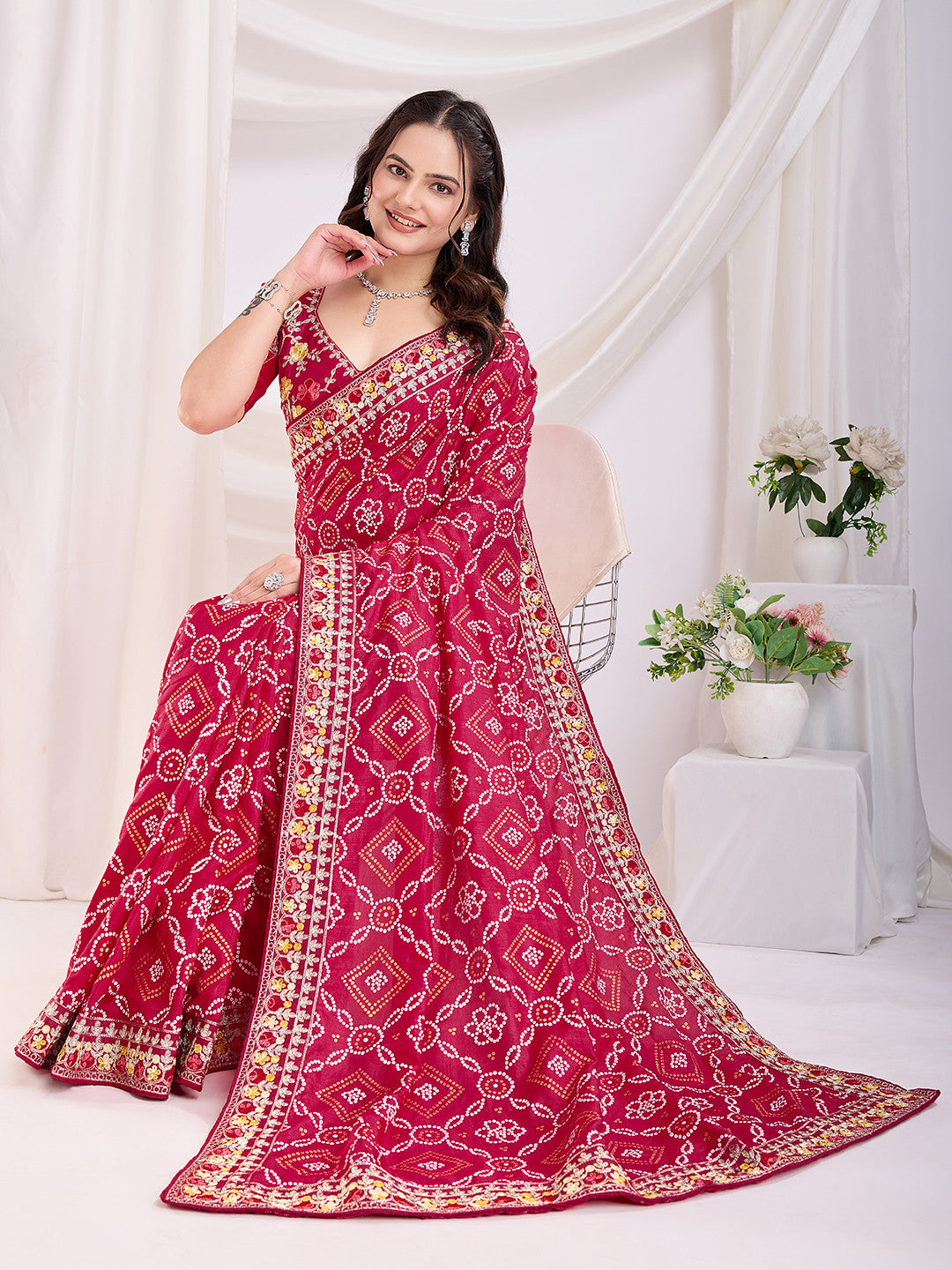 Red Bandhani Saree